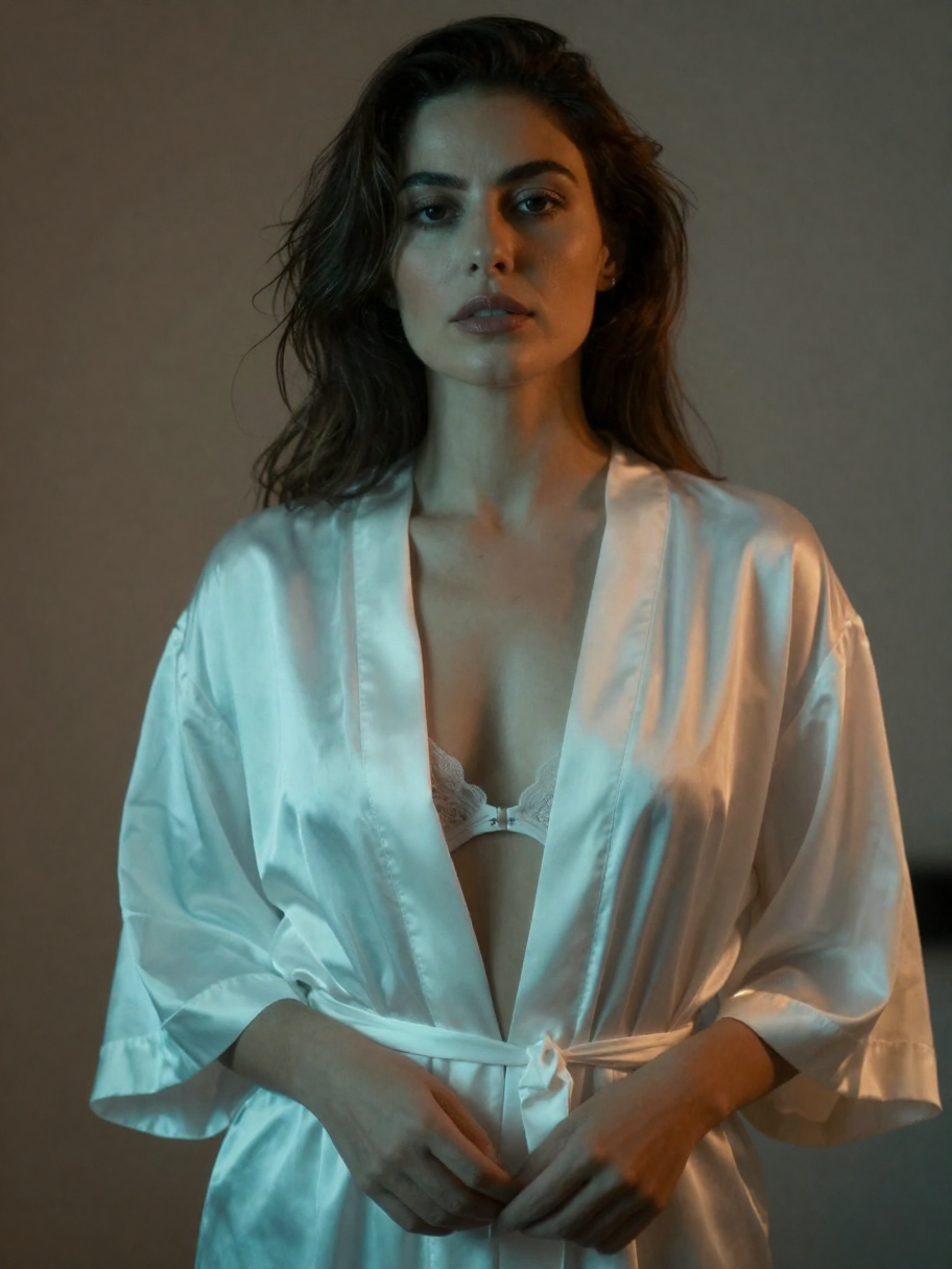 Fictional consenting adult woman age 30, Mediterranean, white silk robe over lingerie, intimate close portrait in
